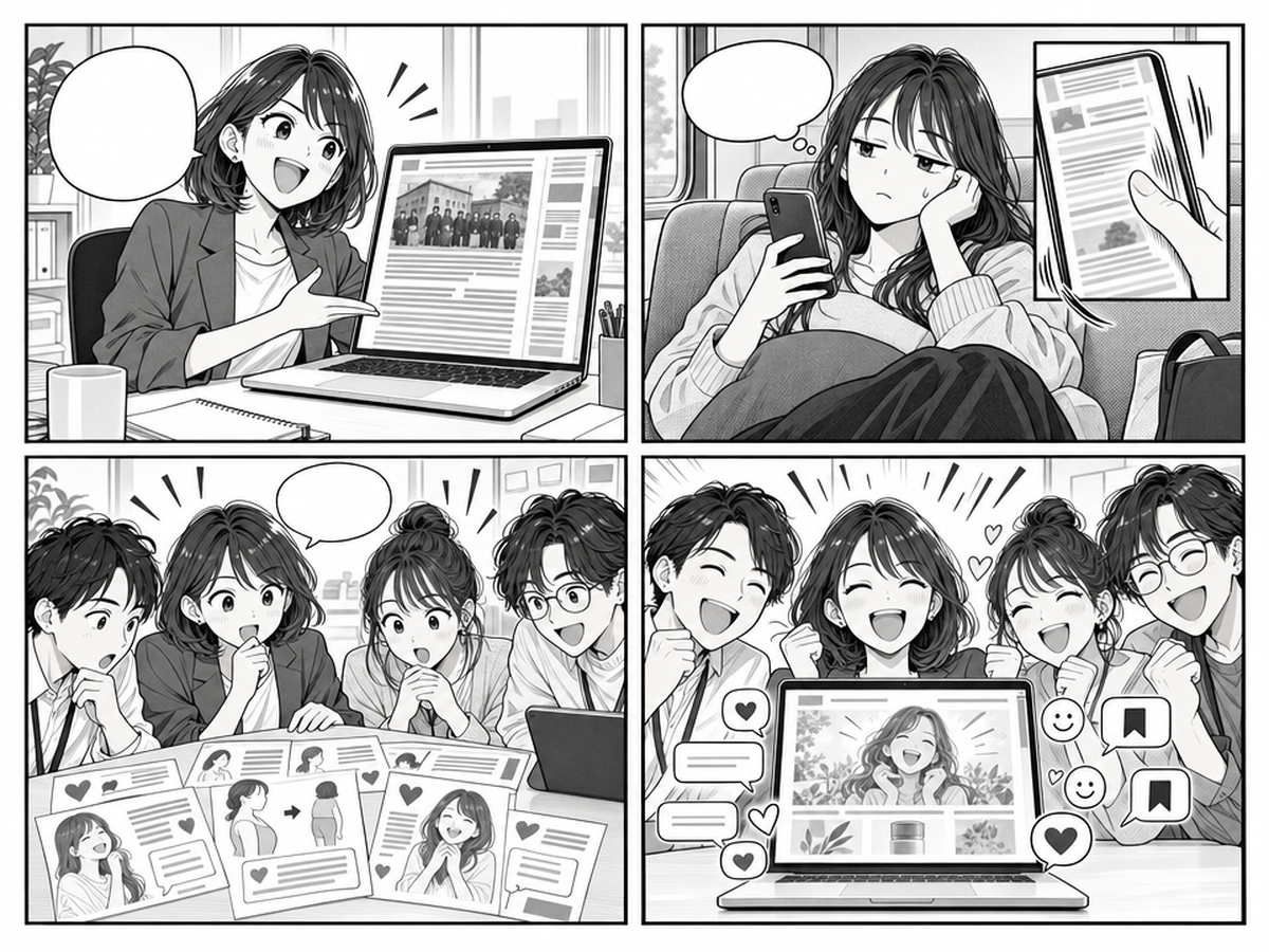 ブランドストーリーの作り方、なぜ「創業秘話」だけでは響かない?のポイントを4コマでまとめたイラスト