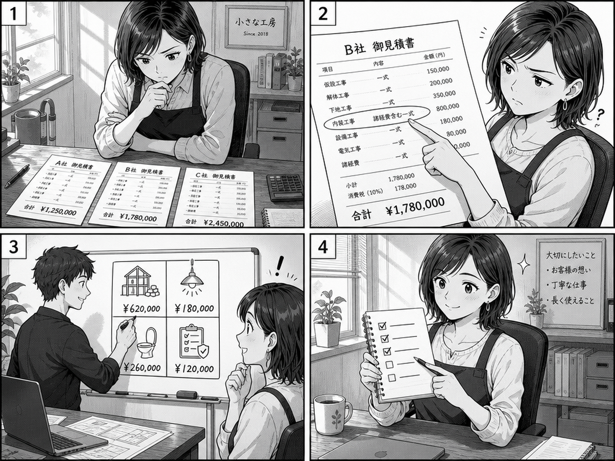 ブランディング費用は何で変わる？見積書の読み方のポイントを4コマでまとめたイラスト