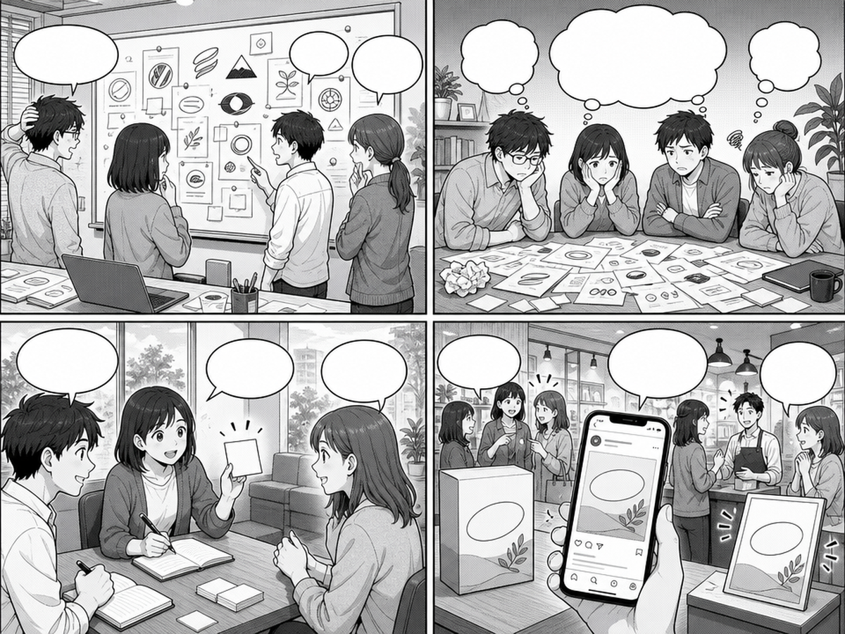 ブランディング戦略とは？売れる会社が最初に決めていることのポイントを4コマでまとめたイラスト