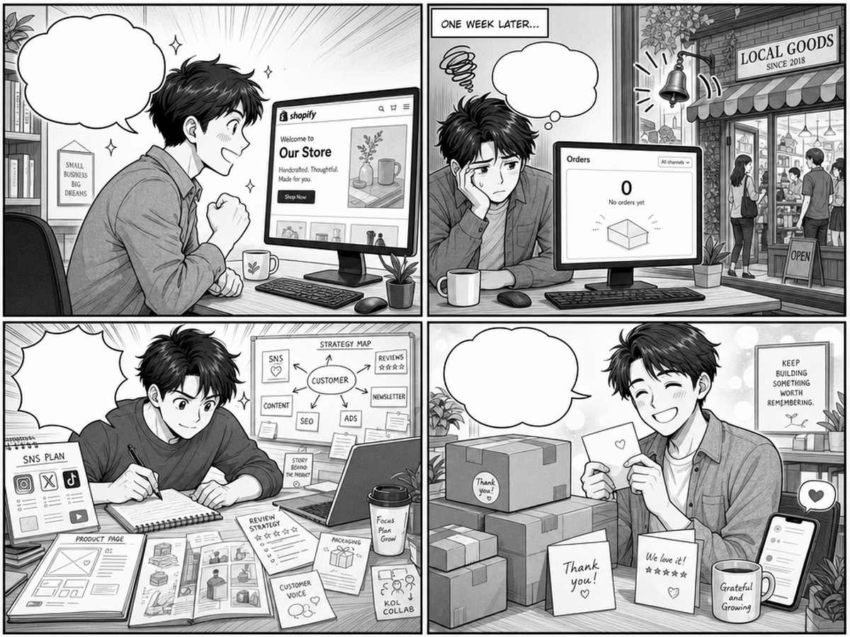 D2C×Shopify、なぜ最初の100件が売れない？のポイントを4コマでまとめたイラスト