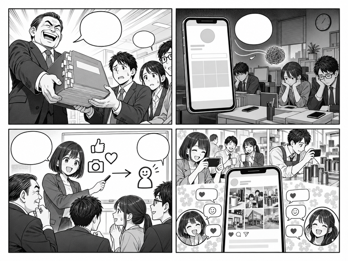 社員SNSガイドラインの作り方、禁止事項より先に決めることは？のポイントを4コマでまとめたイラスト