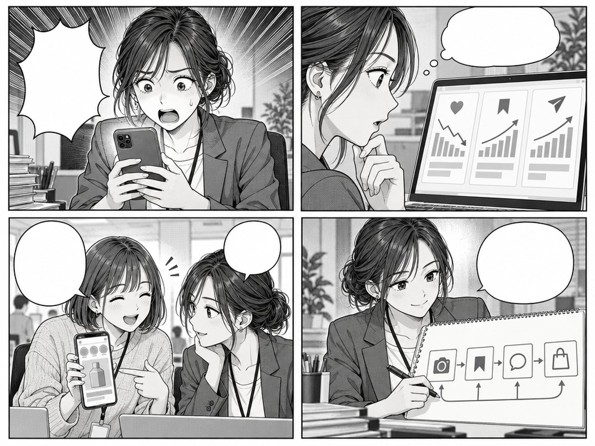 Z世代のインスタ離れは本当？20代女性が今どこで見ているかのポイントを4コマでまとめたイラスト