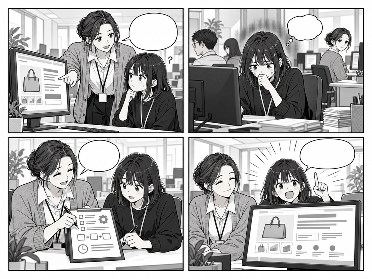 Z世代新入社員の育て方、なぜ「普通に教える」が届かない？のポイントを4コマでまとめたイラスト