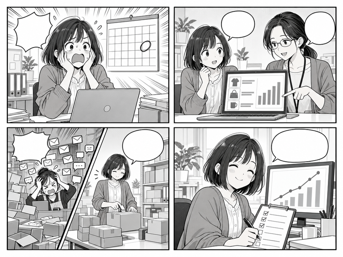 いい買い物の日Yahoo!対策、売れる店は何を先に決めてる？のポイントを4コマでまとめたイラスト
