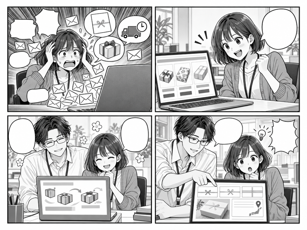 お歳暮EC2026、選ばれるギフトページは何が違う？のポイントを4コマでまとめたイラスト