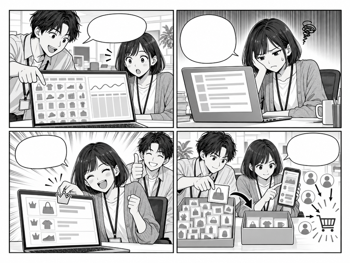 楽天ランキングに入る方法、売れる店は何を先に仕込んでる?のポイントを4コマでまとめたイラスト