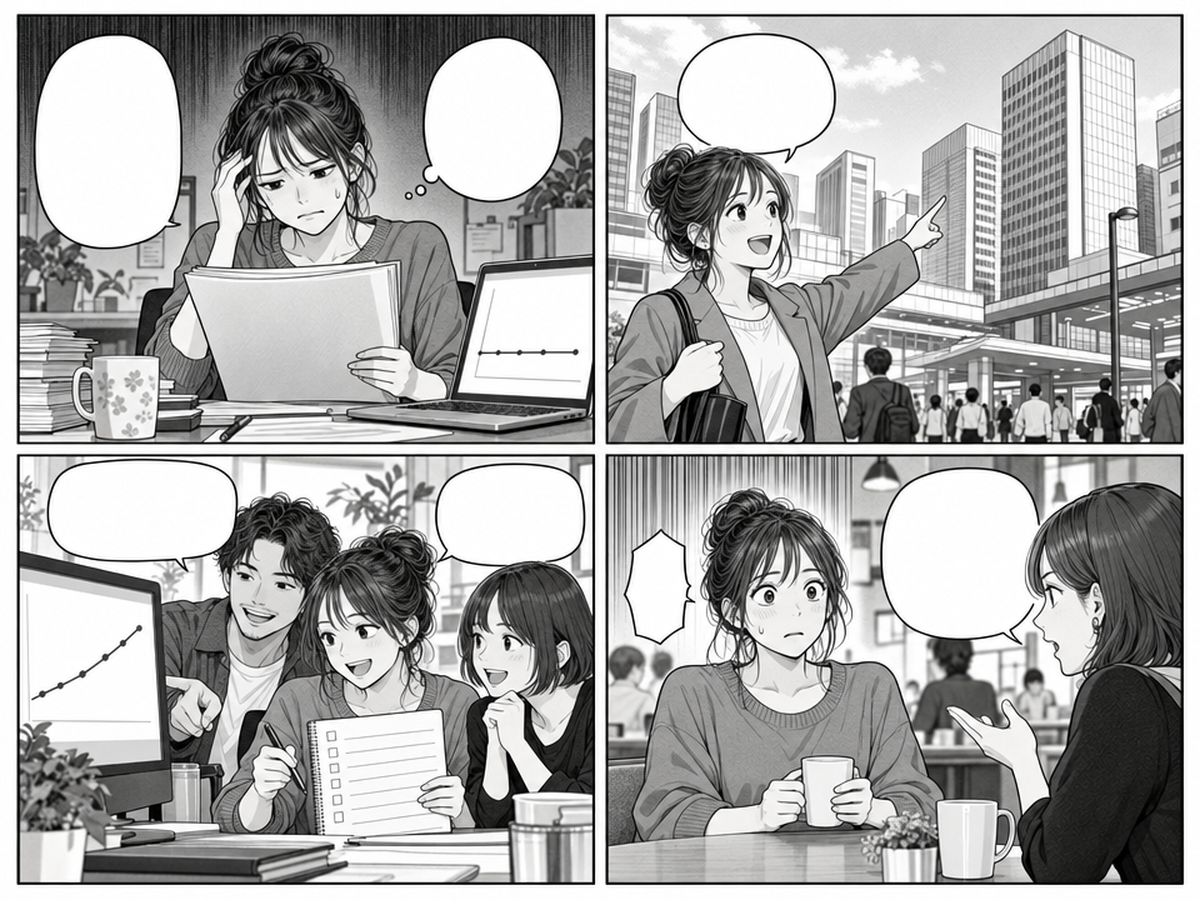 新宿のWebコンサルティング、「近さ」で選ぶと何が起きる？のポイントを4コマでまとめたイラスト