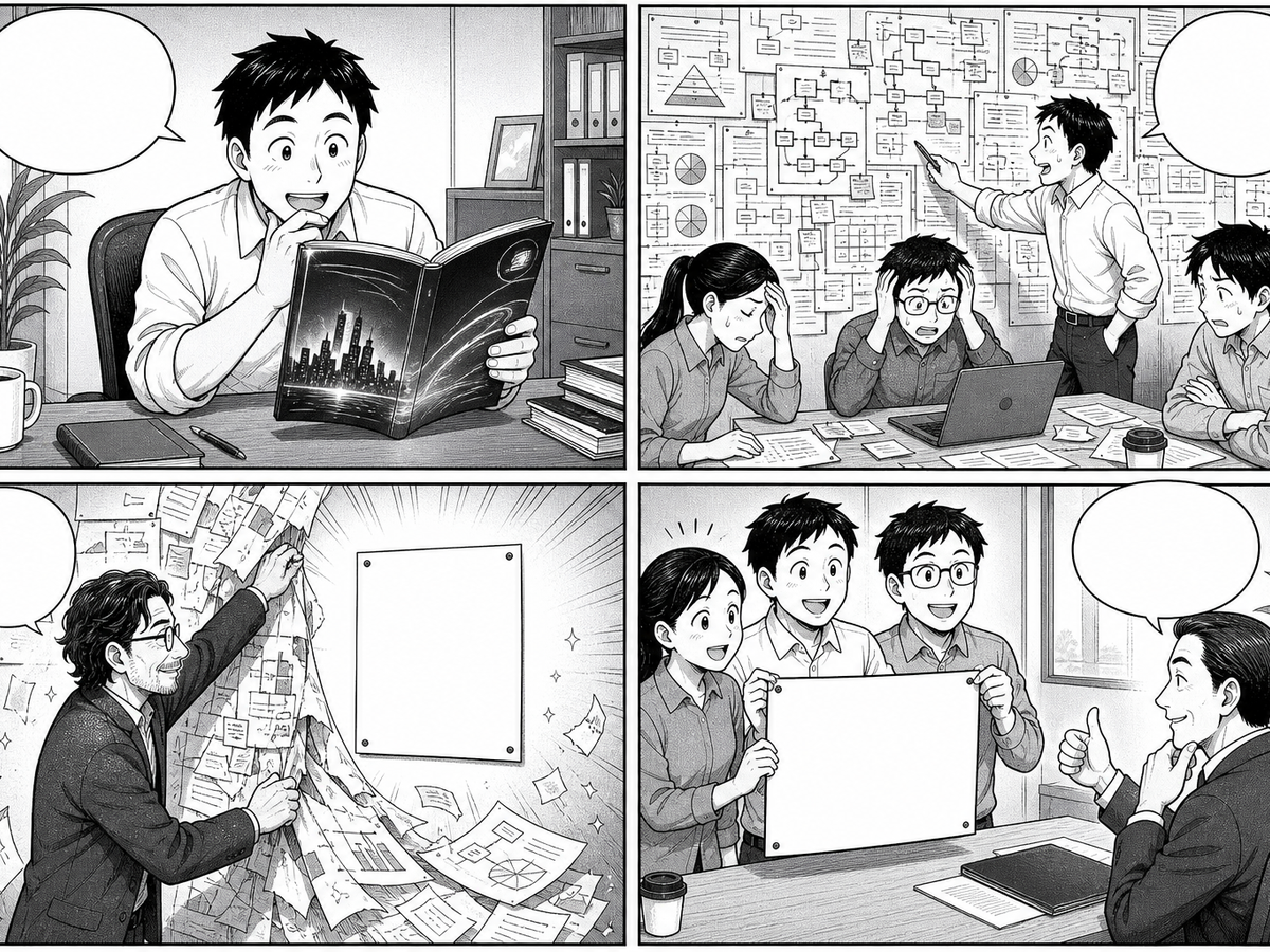 中小企業のブランディングで大企業のやり方を持ち込むと行き詰まることを4コマで説明したイラスト