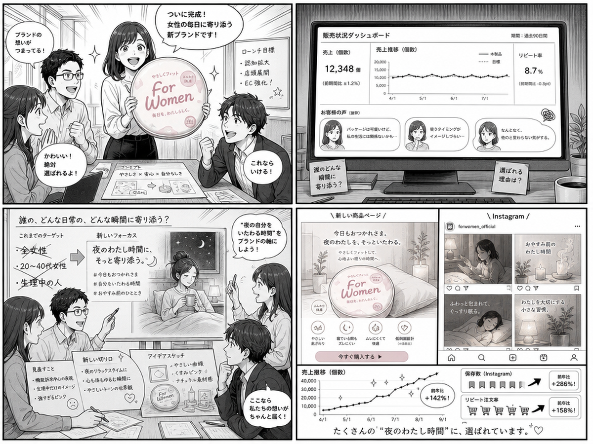 女性向けブランディングが空回りする理由と、先に決めることのポイントを4コマでまとめたイラスト