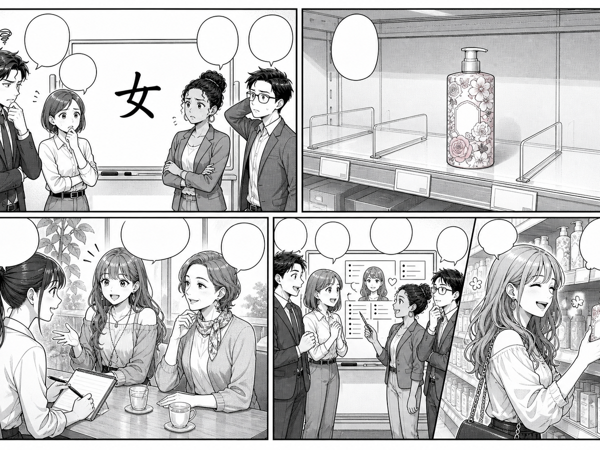 女性向けブランディングで主語が大きすぎると外れることを4コマで説明したイラスト